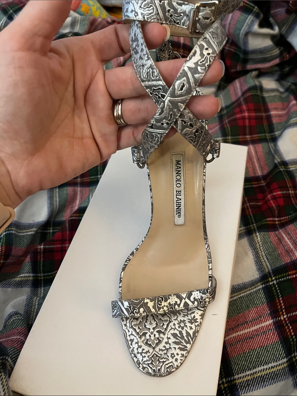 Manolo Blahnik Silver Embossed Crisscross Ankle Strap Sandals